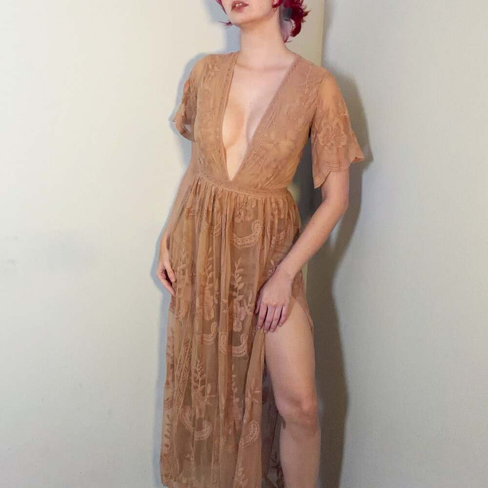 Honey Punch Lace Blush Plunge Neck Maxi Dress